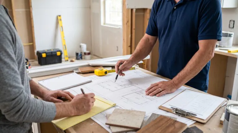 Homeowner taking notes while reviewing house blueprints with a contractor on a job site