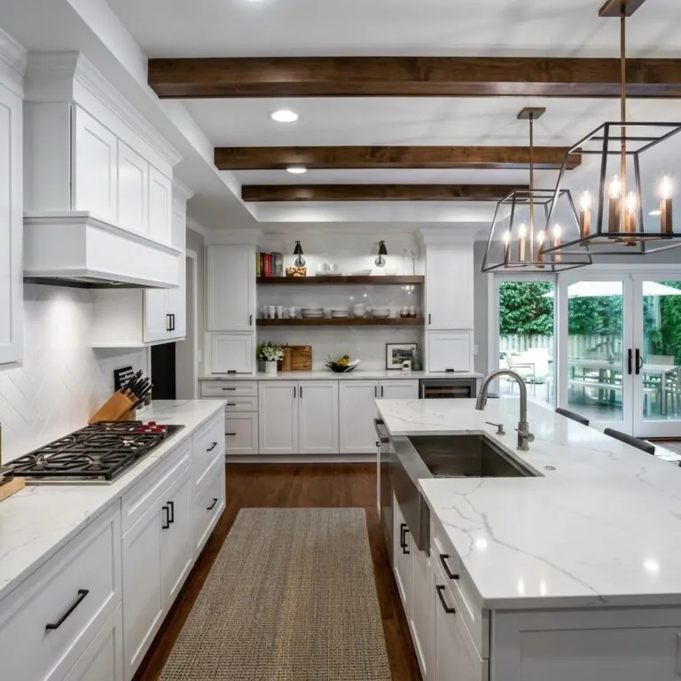 AI kitchen design concept with white cabinets, wood ceiling beams, a large quartz island, and pendant lights