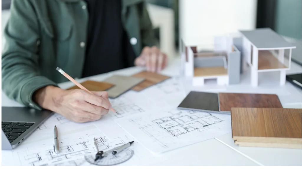 Designer marking up floor plans next to wood flooring samples and a scale model home during a remodel design consultation