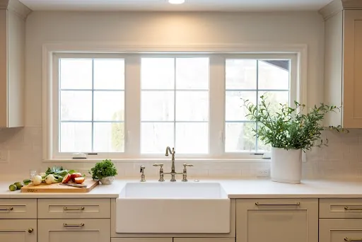Bright modern farmhouse kitchen designed by DDK Kitchen Design Group, powered by Design First Builders, featuring white shaker cabinets, white quartz countertops, farmhouse apron-front sink, and three large windows providing natural light