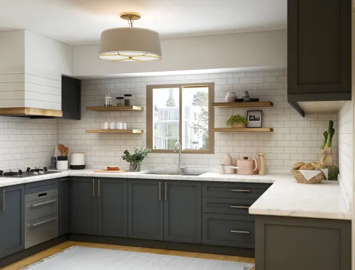 Modern kitchen renovation by Design First Builders featuring dark green cabinets, white quartz countertops, subway tile backsplash, floating wood shelves, and brass fixtures in Illinois