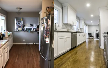 Galley kitchen remodel with white cabinets, stainless steel appliances, hardwood floors, and recessed lighting by Design First Builders