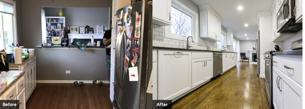 Galley kitchen remodel with white cabinets, stainless steel appliances, hardwood floors, and recessed lighting by Design First Builders